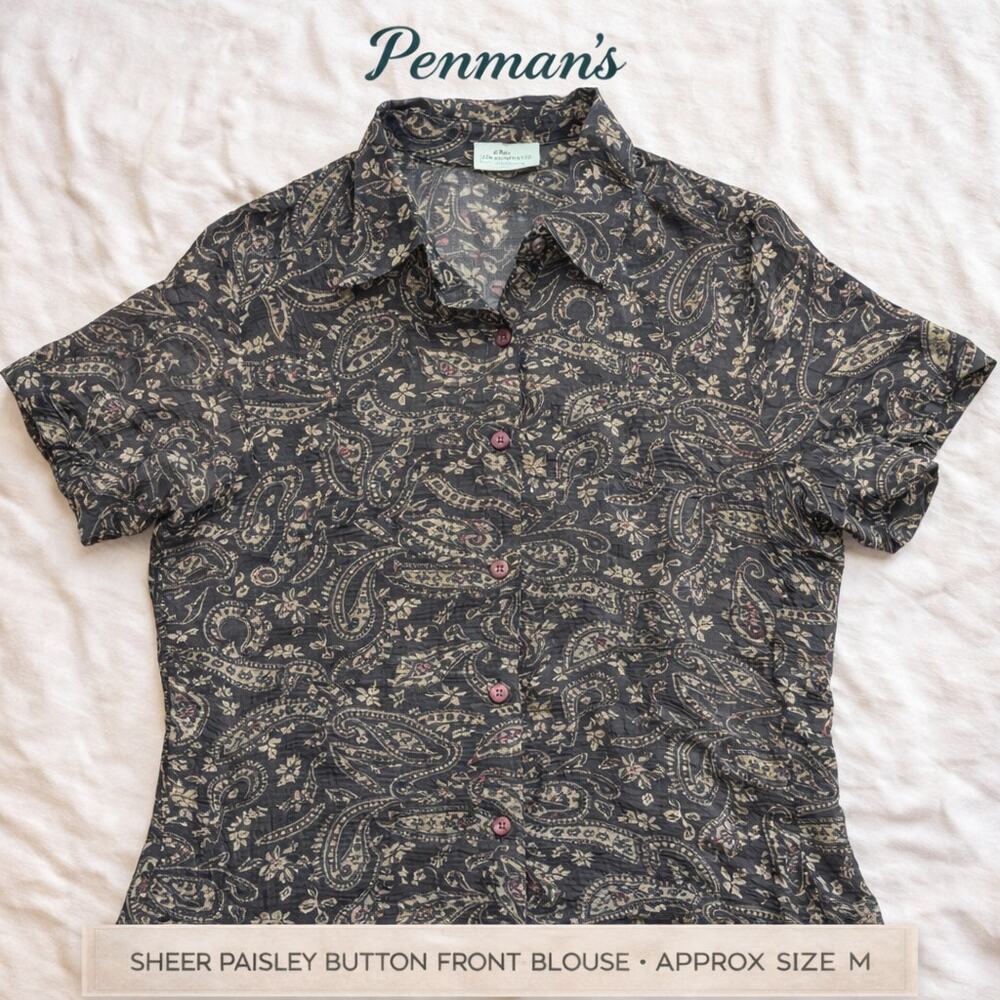 Penman’s Sheer Paisley Button Front Blouse Women Approx M Boho Lightweight
